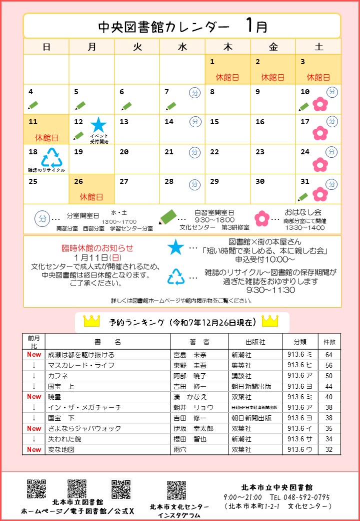 中央図書館カレンダー2026年1月
