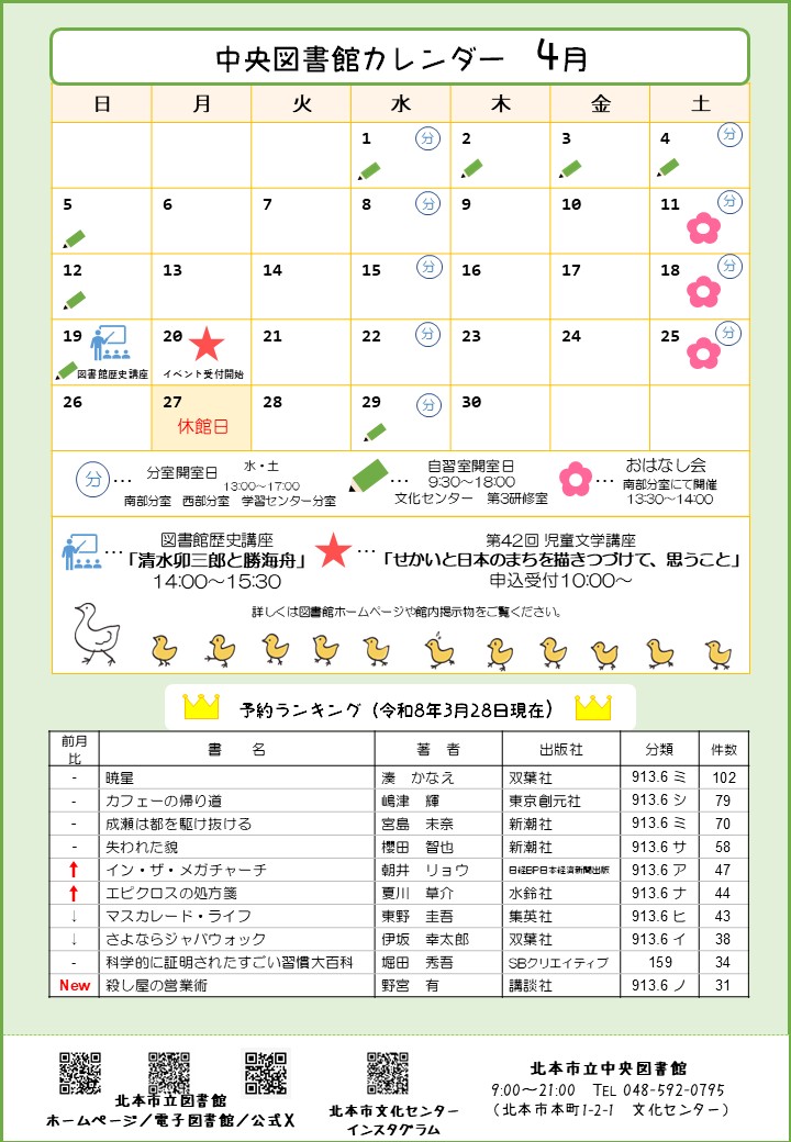中央図書館カレンダー2026年4月