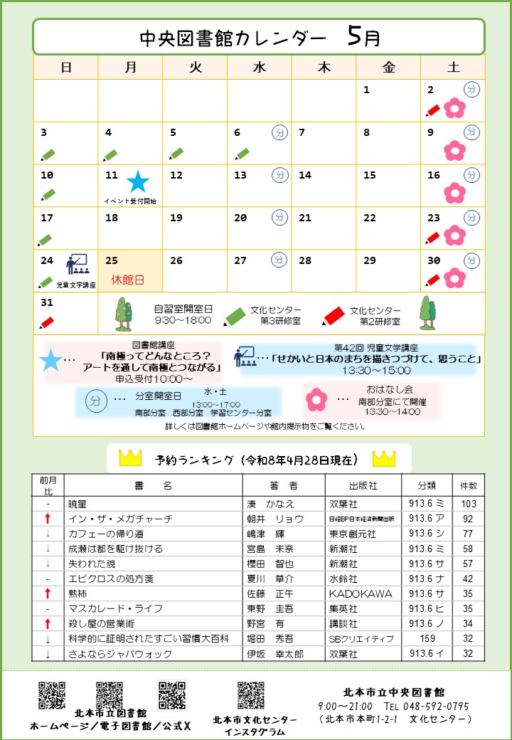 中央図書館カレンダー2026年5月