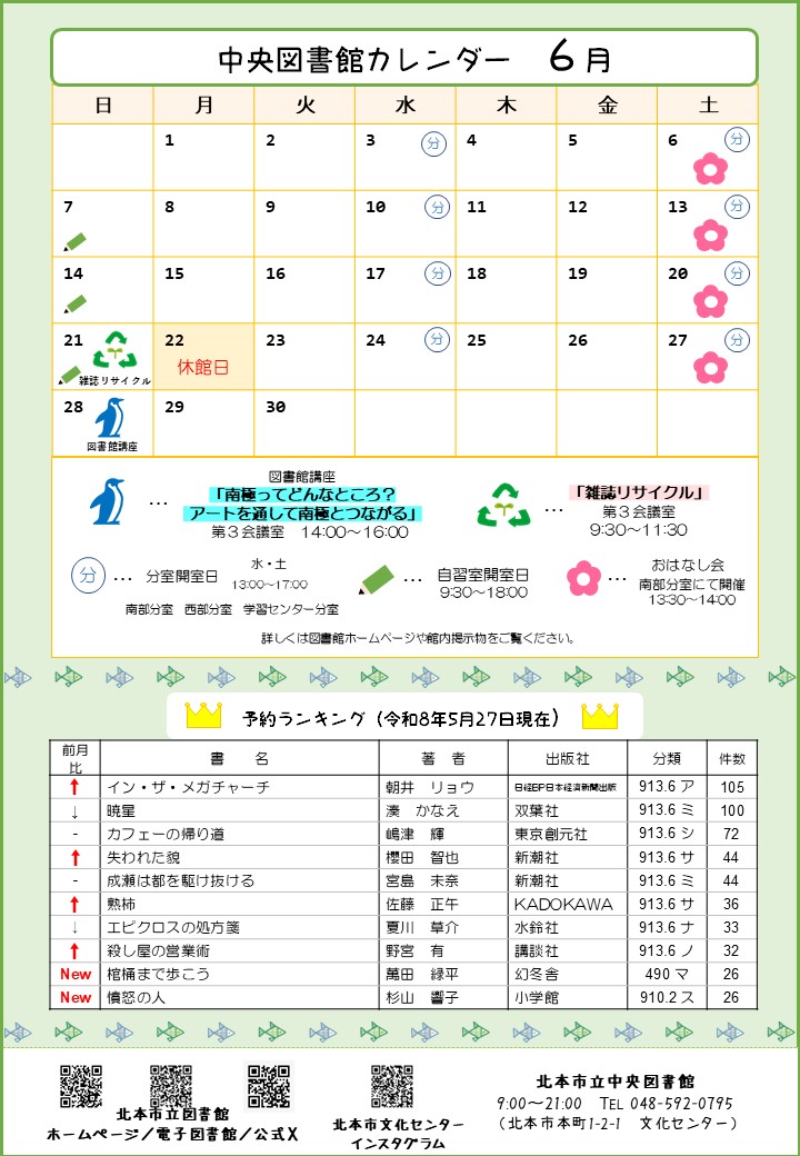 図書館カレンダー2026年6月