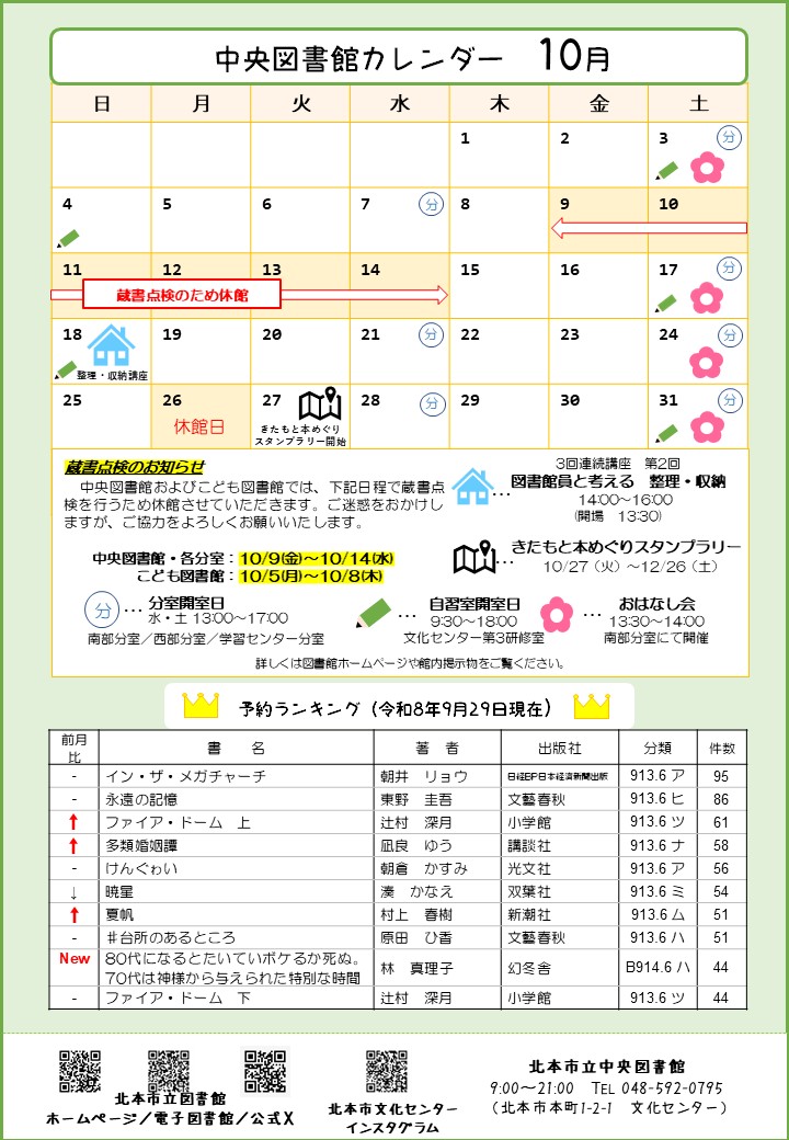 中央図書館カレンダー2026年10月